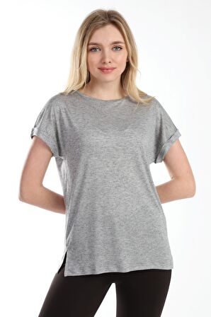 neslice Kadın Oversize Basıc Yaka Kısa Kol T-shirt S-GRİ