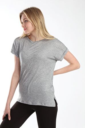 neslice Kadın Oversize Basıc Yaka Kısa Kol T-shirt S-GRİ