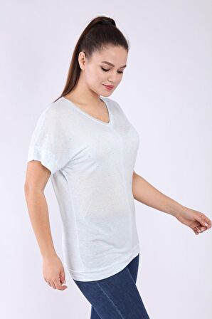 neslice Kadın Oversize V Yaka T-shirt M-MAVİ