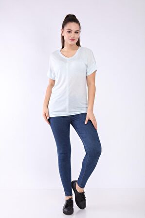 neslice Kadın Oversize V Yaka T-shirt M-MAVİ