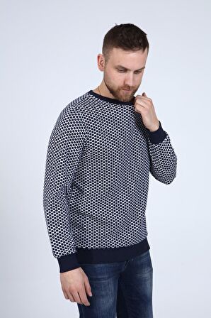 neslice Erkek Lacivert Jakarlı Puantiye Desen Sweatshirt M-LACİVERT