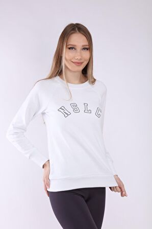 neslice Kadın Reglan Kol Basic Yaka Sweatshirt S-BEYAZ