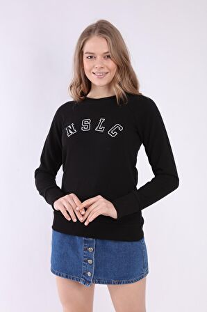 neslice Kadın Reglan Kol Basic Yaka Sweatshirt S-SİYAH