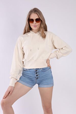 neslice Kadın Kapüşonlu Crop Spor Sweatshirt L-ECRU