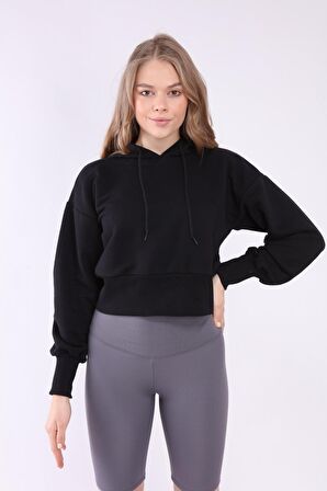 neslice Kadın Kapüşonlu Crop Spor Sweatshirt S-SİYAH