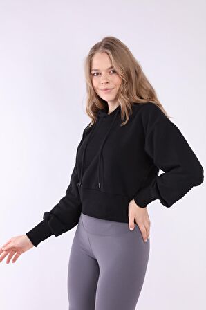 neslice Kadın Kapüşonlu Crop Spor Sweatshirt S-SİYAH