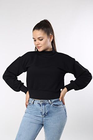 neslice Kadın Balıkçı Yaka Crop Sweat M-SİYAH 