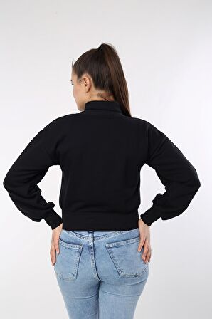 neslice Kadın Balıkçı Yaka Crop Sweat M-SİYAH 