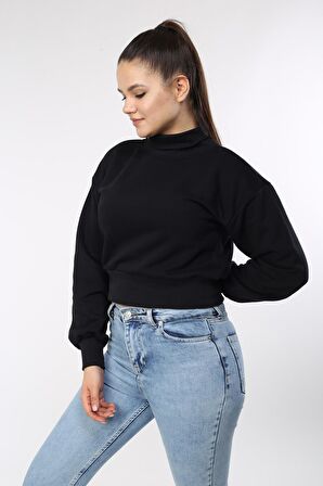 neslice Kadın Balıkçı Yaka Crop Sweat S-SİYAH 