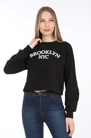 neslice Kadın Crop Havlu Nakışlı Sweat  L-SİYAH