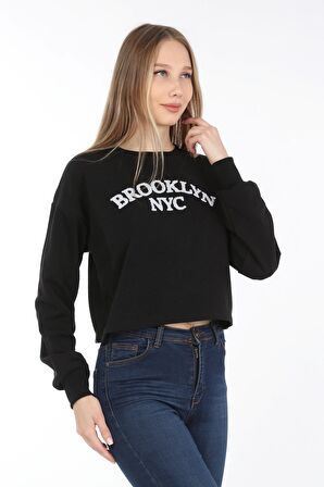 neslice Kadın Crop Havlu Nakışlı Sweat  L-SİYAH