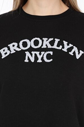 neslice Kadın Crop Havlu Nakışlı Sweat  L-SİYAH