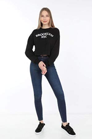neslice Kadın Crop Havlu Nakışlı Sweat  L-SİYAH