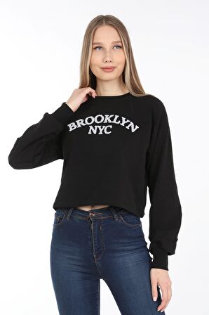 neslice Kadın Crop Havlu Nakışlı Sweat  M-SİYAH