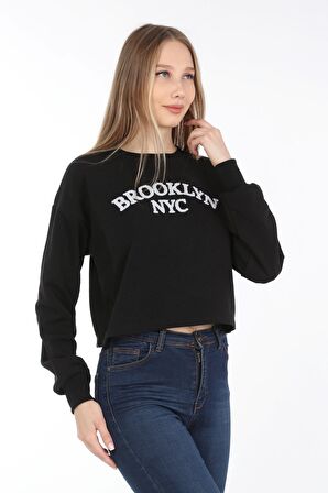 neslice Kadın Crop Havlu Nakışlı Sweat  M-SİYAH