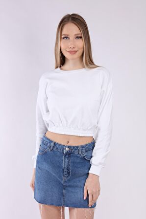 neslice Kadın Crop Basic Sweatshirt S-BEYAZ