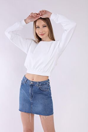 neslice Kadın Crop Basic Sweatshirt S-BEYAZ