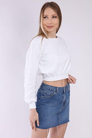 neslice Kadın Crop Basic Sweatshirt S-BEYAZ