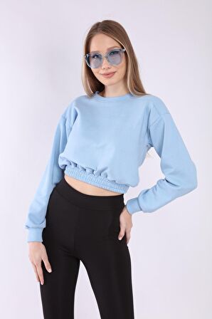 neslice Kadın Crop Basic Sweatshirt L-MAVİ