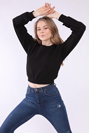 neslice Kadın Crop Basic Sweatshirt S-SİYAH