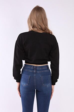 neslice Kadın Crop Basic Sweatshirt S-SİYAH