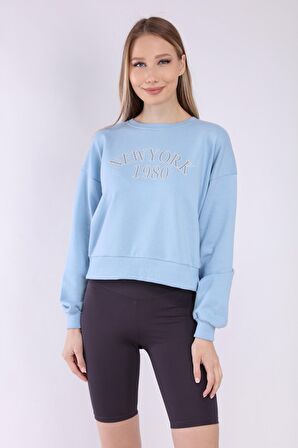 neslice Kadın Bacıs Baskılı Sweatshirt S-MAVİ