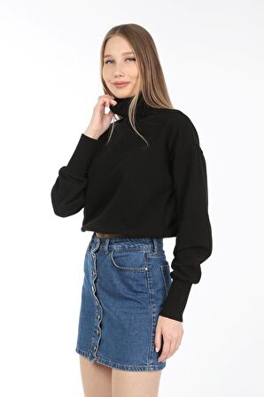 neslice Kadın Yaka ve Kollar Trikolu Tam Balıkçı Yaka Crop Sweat S-SİYAH