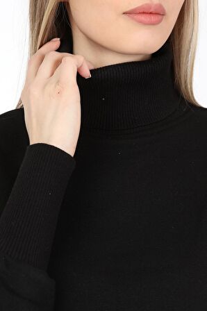 neslice Kadın Yaka ve Kollar Trikolu Tam Balıkçı Yaka Crop Sweat S-SİYAH