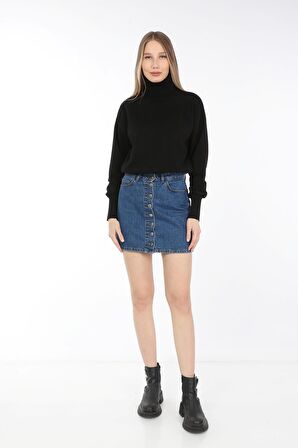 neslice Kadın Yaka ve Kollar Trikolu Tam Balıkçı Yaka Crop Sweat S-SİYAH