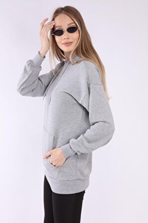 neslice Kadın Kapüşonlu ve Cepli Sweatshirt L-GRİMELANJ