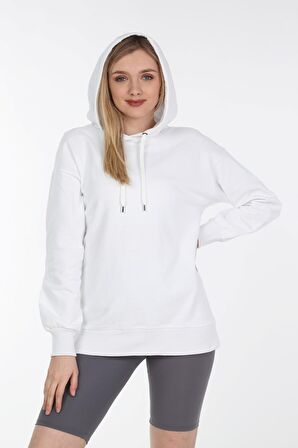 neslice Kadın Kapüşonlu Uzun Sweatshirt L-BEYAZ