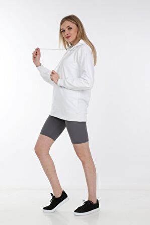 neslice Kadın Kapüşonlu Uzun Sweatshirt S-BEYAZ