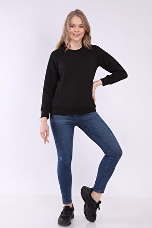 neslice Kadın Kollar Kapitone Detaylı Basıc Sweatshirt  M-SİYAH