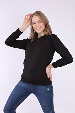 neslice Kadın Kollar Kapitone Detaylı Basıc Sweatshirt  M-SİYAH