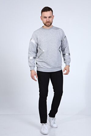 neslice Erkek Deri ve Kapitone Detaylı Slim Fit Sweatshirt M-GRİ