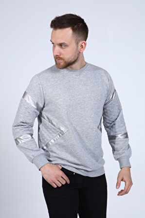 neslice Erkek Deri ve Kapitone Detaylı Slim Fit Sweatshirt M-GRİ