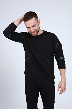 neslice Erkek Deri ve Kapitone Detaylı Slim Fit Sweatshirt L-SİYAH