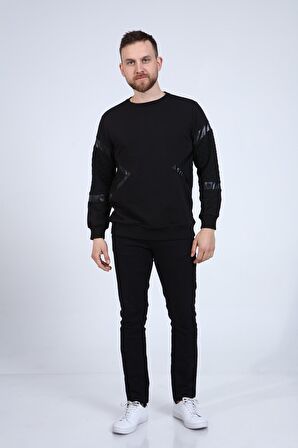 neslice Erkek Deri ve Kapitone Detaylı Slim Fit Sweatshirt L-SİYAH