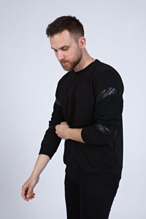 neslice Erkek Deri ve Kapitone Detaylı Slim Fit Sweatshirt L-SİYAH