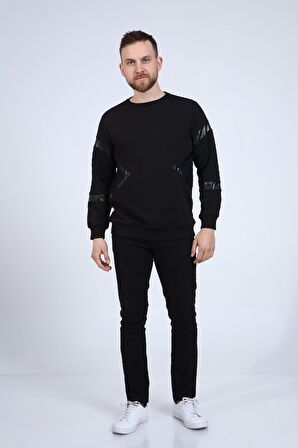 neslice Erkek Deri ve Kapitone Detaylı Slim Fit Sweatshirt M-SİYAH