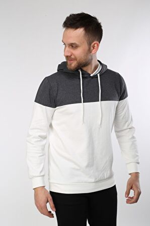 neslice Erkek Kapüşonlu Basıc Sweatshirt  M-ECRU-ANTRASİT