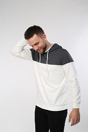 neslice Erkek Kapüşonlu Basıc Sweatshirt  M-ECRU-ANTRASİT