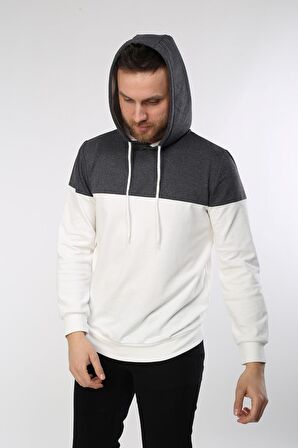 neslice Erkek Kapüşonlu Basıc Sweatshirt  M-ECRU-ANTRASİT