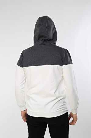 neslice Erkek Kapüşonlu Basıc Sweatshirt  M-ECRU-ANTRASİT