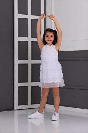 neslice Kız Çocuk 3 Katlı Tüllü Elbise BEYAZ-5-6 Yaş
