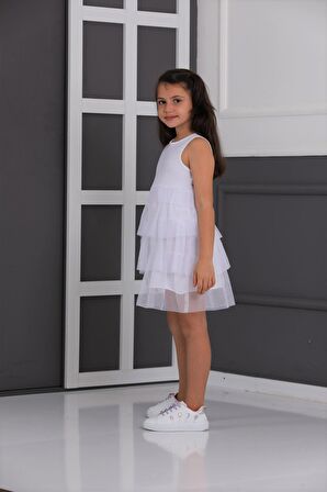neslice Kız Çocuk 3 Katlı Tüllü Elbise BEYAZ-5-6 Yaş