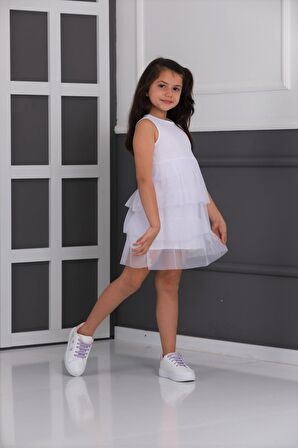 neslice Kız Çocuk 3 Katlı Tüllü Elbise BEYAZ-5-6 Yaş