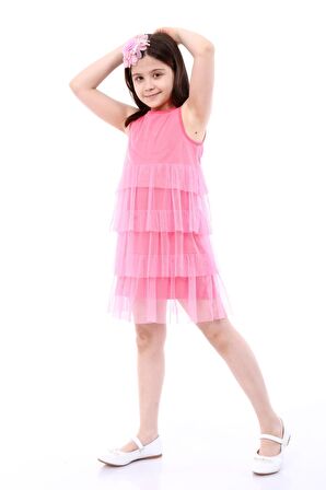 neslice Kız Çocuk 3 Katlı Tüllü Elbise PEMBE-5-6 Yaş
