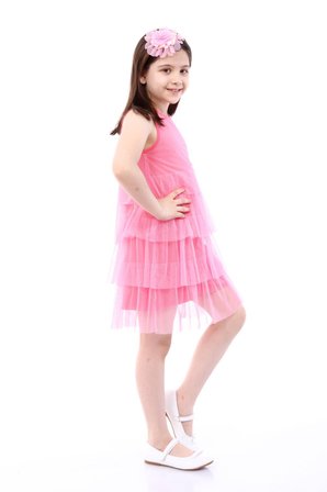 neslice Kız Çocuk 3 Katlı Tüllü Elbise PEMBE-5-6 Yaş