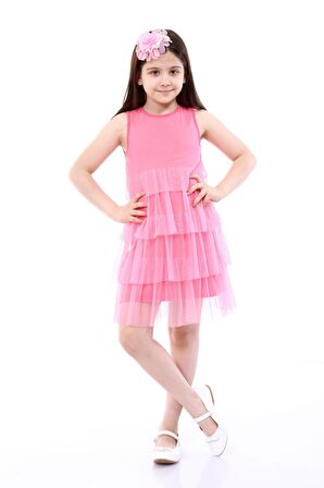 neslice Kız Çocuk 3 Katlı Tüllü Elbise PEMBE-5-6 Yaş